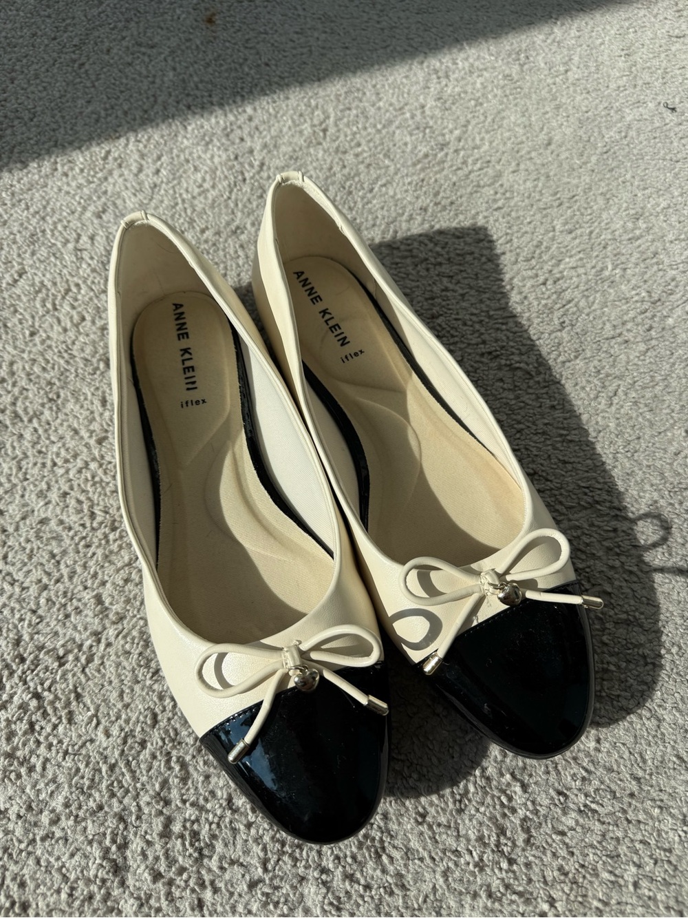 Anne Klein Cream Flats with Black Patent Cap Toe and Bow
